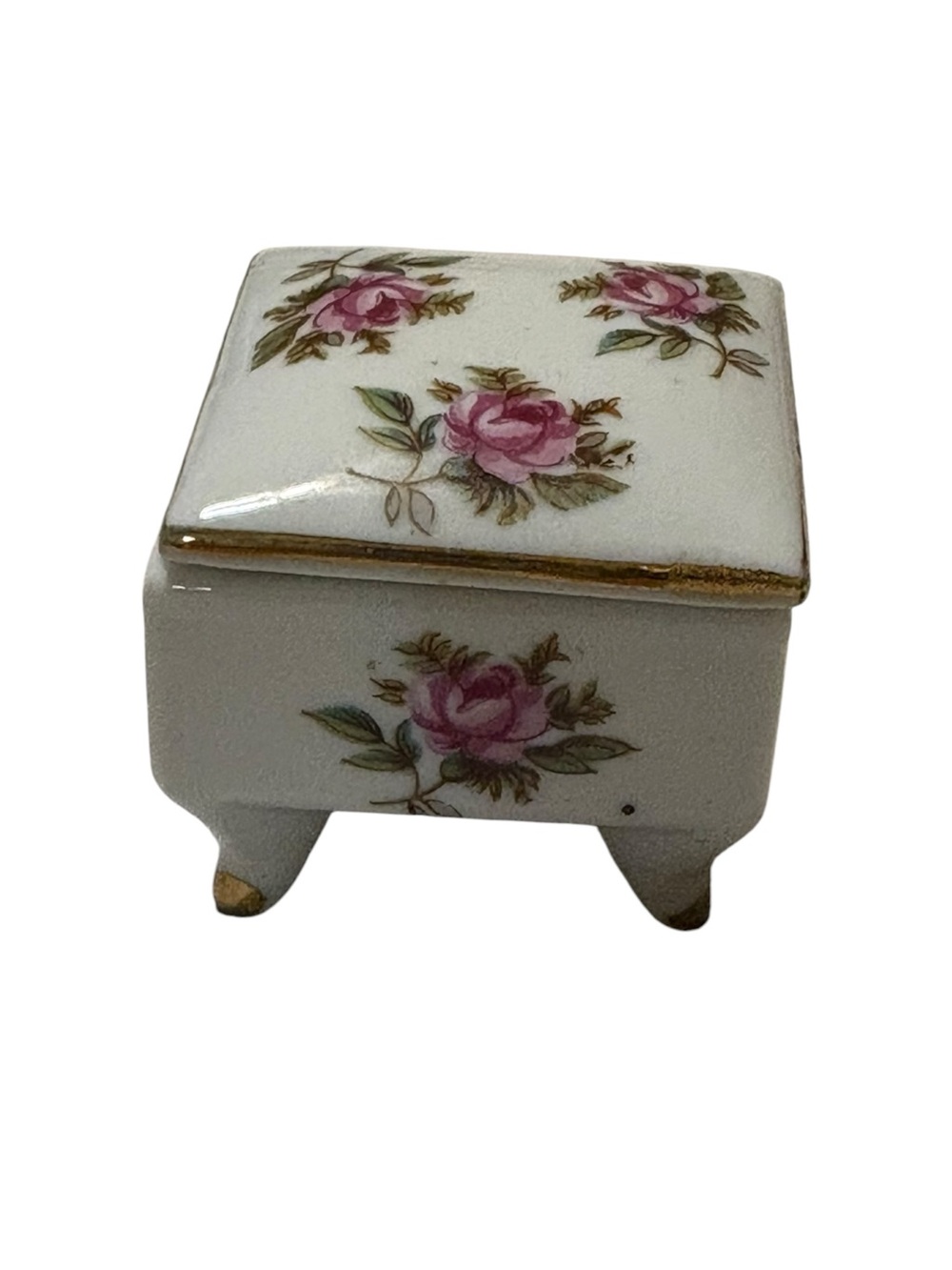 Vintage Japanese Footed Porcelain Trinket Box Pink Roses Gold Trim Small Lidded